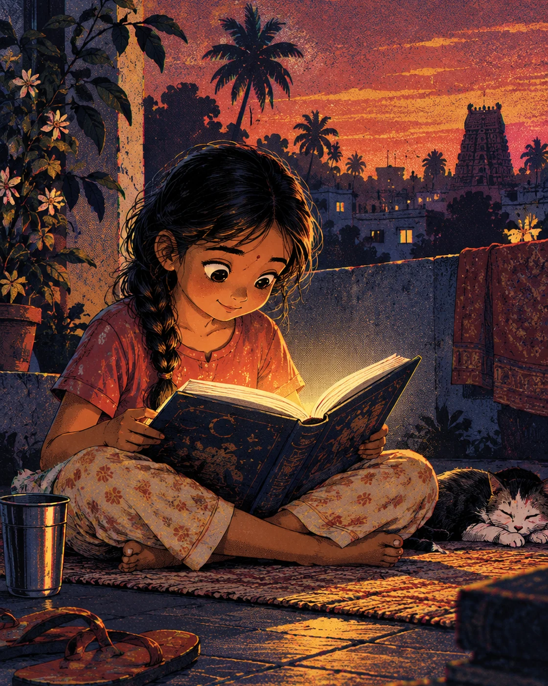A girl reading on a terrace at dusk, her face lit by the pages of the book in her lap.